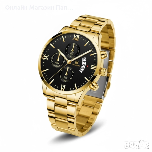 Мъжки кварцов часовник SHAARMS – Черен циферблат, римски цифри, декоративен хронограф, златист и сре, снимка 1