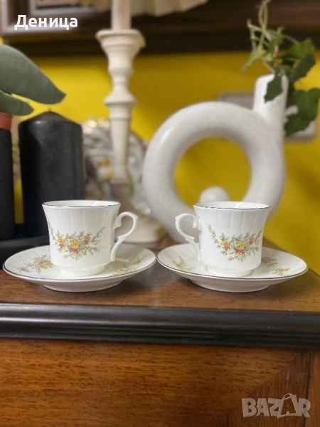 Видински костен порцелан За късо кафенце—90 мл 6 сета в оригинална кутия, сребърен кант , снимка 1