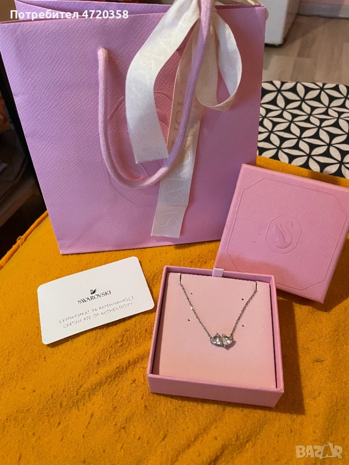 Дамско сребърно колие с две сърца Сваровски/Swarovski, снимка 1