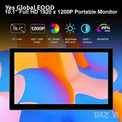 Pisichen 10.1" FHD 1920x1200 IPS HDMI USB-C, снимка 2 - Друга електроника - 53628455