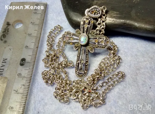 АВТОРСКИ АЖУРЕН СРЕБЪРЕН КРЪСТ СРЕБРО 925 NF с КРАЛСКИ СЕДЕФ МАРКАЗИТИ СРЕБЪРНА ВЕРИЖКА ИТАЛИЯ 41807