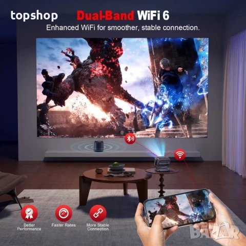 НОВ макс. 220" 4K интелигентен проектор с 5G WiFi и Bluetooth 5.2, 600 ANSI с YouTube, Netflix и др., снимка 6 - Плейъри, домашно кино, прожектори - 50494804