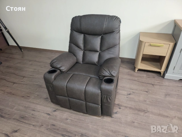 Кафяв кожен фотьойл с ръчен релакс механизъм - изкуствена кожа