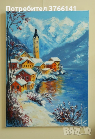 "Слънчева зима" Картина 70х50см, Маслена живопис с шпакла, снимка 2 - Картини - 53563220