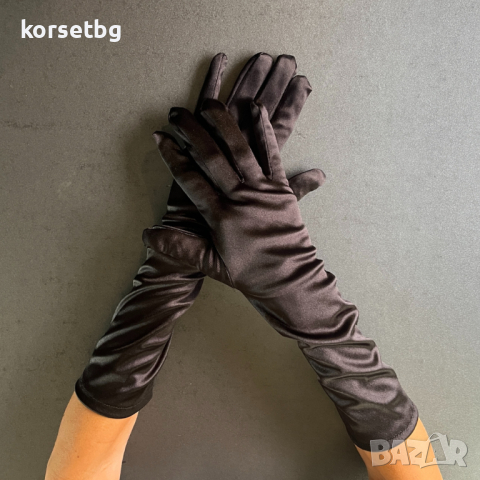 Официални черни сатенени ръкавици под лакътя 38 см 7054, снимка 1