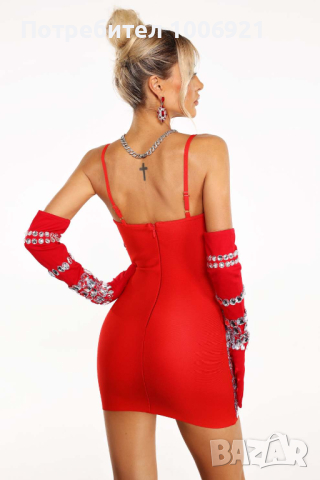 Мини бандажна рокля в червено с кристали, снимка 2 - Рокли - 44584816