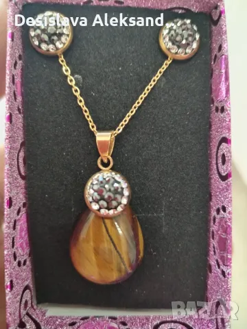 Стоманено колие с тигрово око и циркон и обеци , снимка 4 - Колиета, медальони, синджири - 49309568