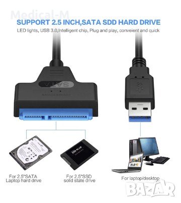 Кабел USB 3.0 за връзка към 2,5" SATA III(или SATA II) твърд диск или SSD за лаптоп., снимка 5 - Други - 38482572
