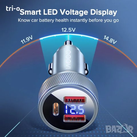 QOOVI 80W метално зарядно за автомобил 2хUSB+Type C / Fast Charging, снимка 5 - Зарядни за кола - 41853260