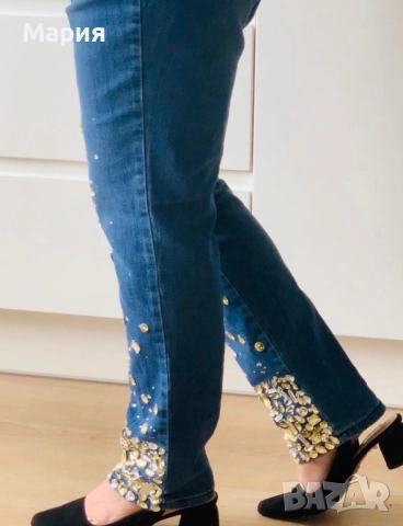 Дънки за парти нови с лъскави камъни 50. , снимка 4 - Дънки - 52506614