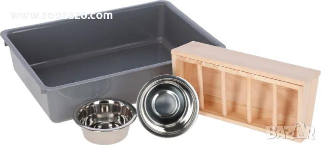 Дървена стойка с тоалетна, купи и хранилка за сено за Гризачи, 70 х 36 х 24 см. - Модел: 81833, снимка 3 - За гризачи - 47438266