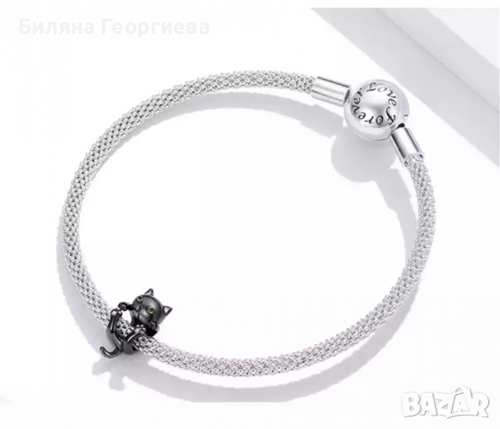 Сребърен талисман за гривна Пандора Black cat, модел 047, снимка 3 - Гривни - 36232543