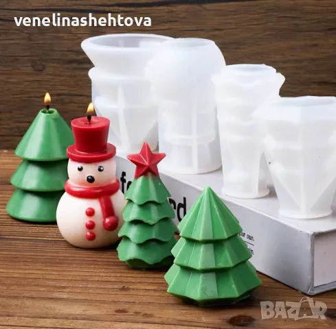 3D Елха със звезда снежен човек с шапка шал Силиконов молд за свещи гипс сапун , снимка 3 - Форми - 48230640