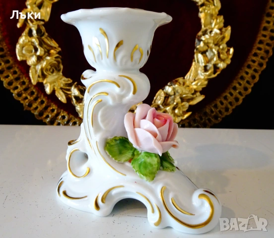 Порцеланов свещник Kaiser,злато,роза,барок. 
