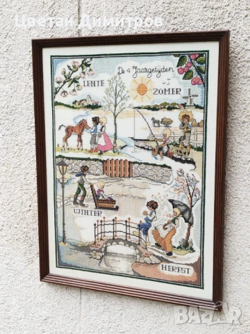 Винтидж холандски гоблен, ръчно изработен , снимка 4 - Гоблени - 51420057