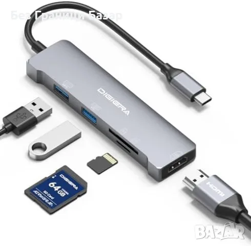 Нов хъб USB C адаптер 5 в 1 HDMI USB 3.0 USB 2.0 SD Micro SD за лаптоп