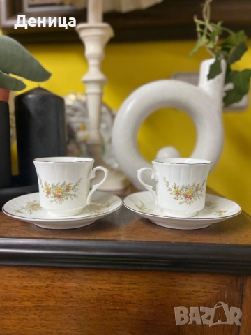 Видински костен порцелан За късо кафенце—90 мл 6 сета в оригинална кутия, сребърен кант 