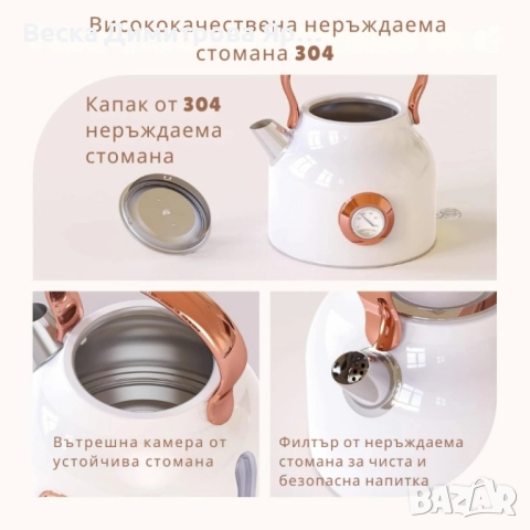 Електрически чайник NESSGRAIM от неръждаема стомана с ретро термометър – 1.7 L, 2200W