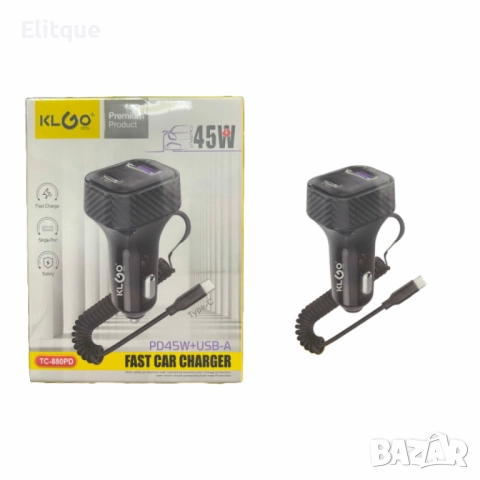 Автомобилно бързо зарядно KLGO PD45W+USB-A, снимка 4 - Други стоки за дома - 52591065