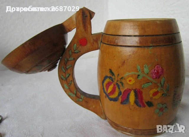 дървени халби: Стара дървена халба с капак, съд, Германия, форма буре, снимка 9 - Антикварни и старинни предмети - 28884182