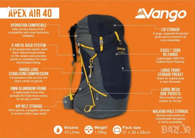 продавам нови раници Vango Apex Air 30l и 40l - с етикети, снимка 17 - Раници - 55851414
