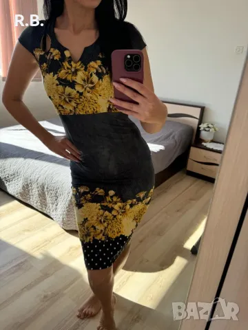 Елегантна жълто/сива рокля, М размер, снимка 2 - Рокли - 47736201