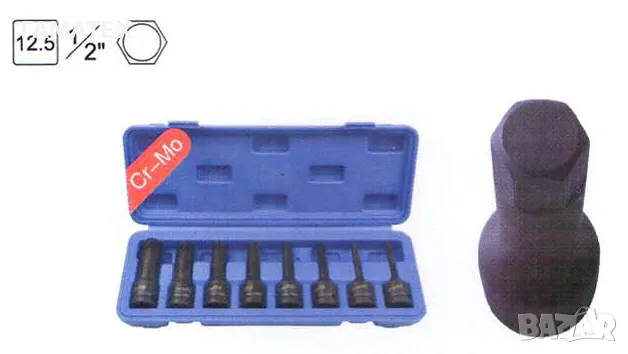 Ударни накрайници шестограми на вложка 1/2" - комплект 8 ч., 30008В, снимка 2 - Други инструменти - 49752760
