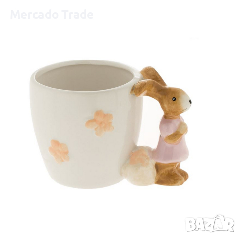 Великденска чаша Mercado Trade, Бяло зайче с дръжка, Керамична, 400мл