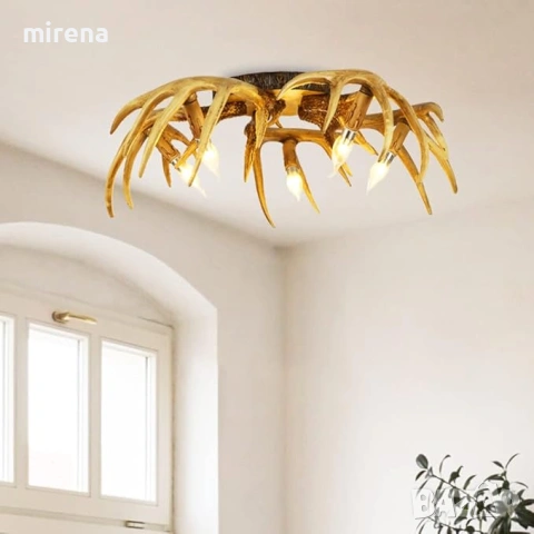 Таванна лампа полилей 5 лампи от еленови рога рустик селски, снимка 6 - Лампи за таван - 53225387