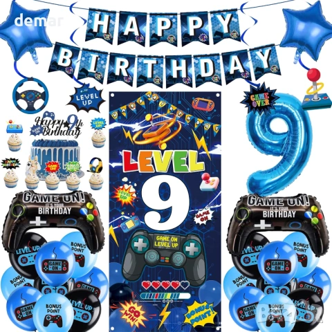 Декорации за 9-ти рожден ден за игри за момчета - 41 бр. сини банери за видеоигри