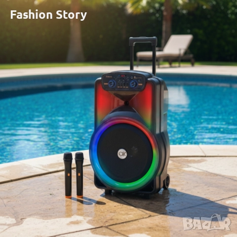 Караоке тонколона 12" BT-1218 с Bluetooth, цветомузика и 2 безжични микрофона – 2000W мощност за ист, снимка 2 - Тонколони - 51934379