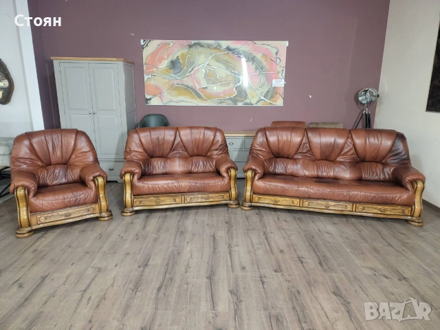 Кафяв комплект дивани тройка,двойка и фотьойл от естествена кожа и дъб, снимка 11 - Дивани и мека мебел - 53754113