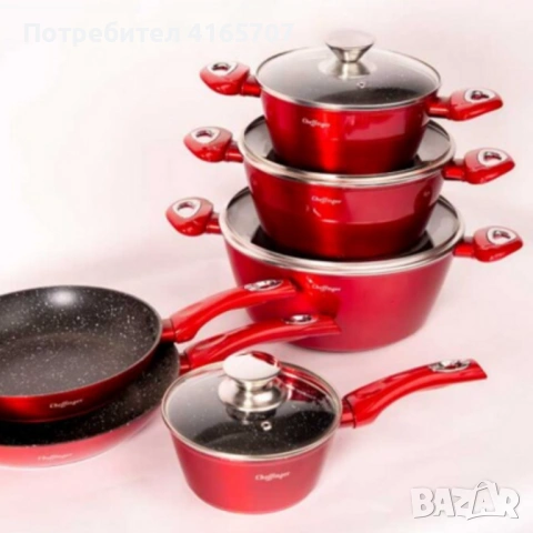 Комплект съдове за готвене Cheffinger от лят алуминий с мраморно покритие – 10 части, индукционни, н, снимка 2 - Съдове за готвене - 53191808