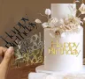 Надпис Happy Birthday страничен пластмасов топер сребро злато украса торта рожден ден, снимка 1