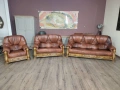 Кафяв комплект дивани тройка,двойка и фотьойл от естествена кожа и дъб, снимка 11