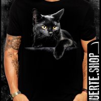 Черна тениска с щампа BLACK CAT, снимка 1 - Тениски - 41701712