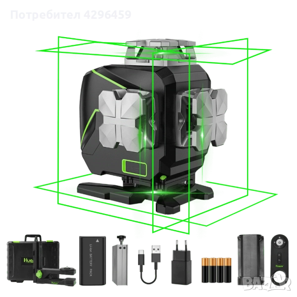 Лазерен нивелир Huepar S04CG, 16 зелени линии 4D, снимка 1