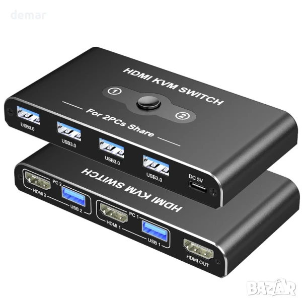 KVM превключвател 1 монитор 2 компютъра, HDMI 4K@60Hz, 4 порта USB 3.0, снимка 1
