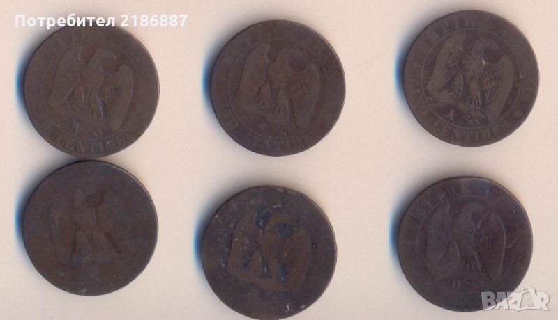 Франция лот от 6 броя от по 5 сантима 1853-1855 година, снимка 1