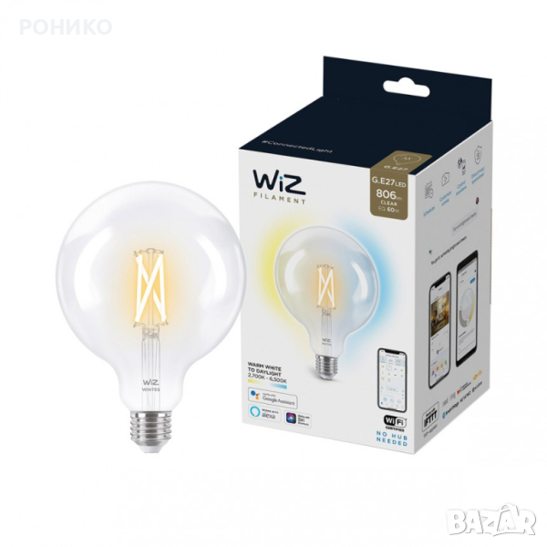 Смарт крушка LED vintage WiZ Filament Whites, Wi-Fi, G125, E27, 6.7W (60W), 806 лумена, Регулируема , снимка 1