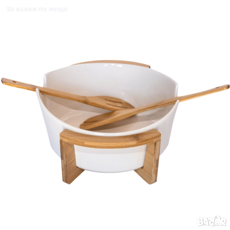 Керамична купа за сервиране с поставка от бамбук Код P1745, снимка 1