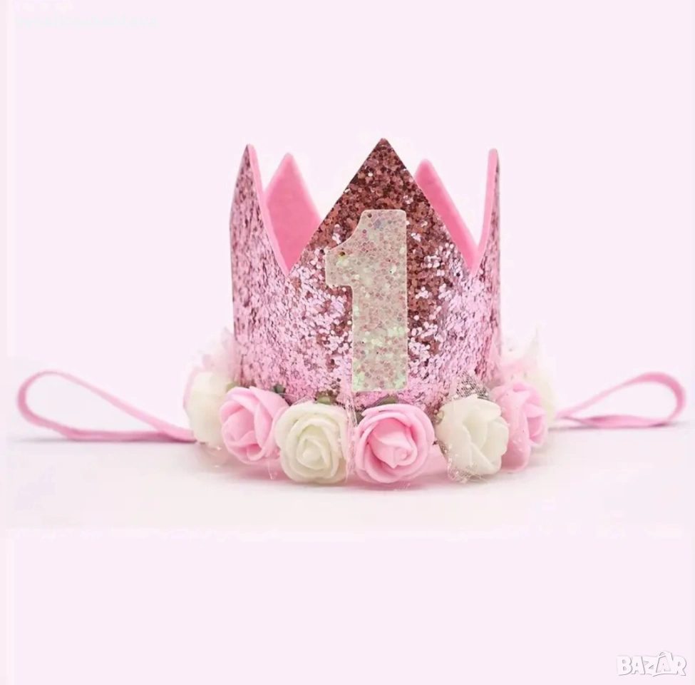 1 година първи рожден ден парти розова корона с цветя и брокат , снимка 1