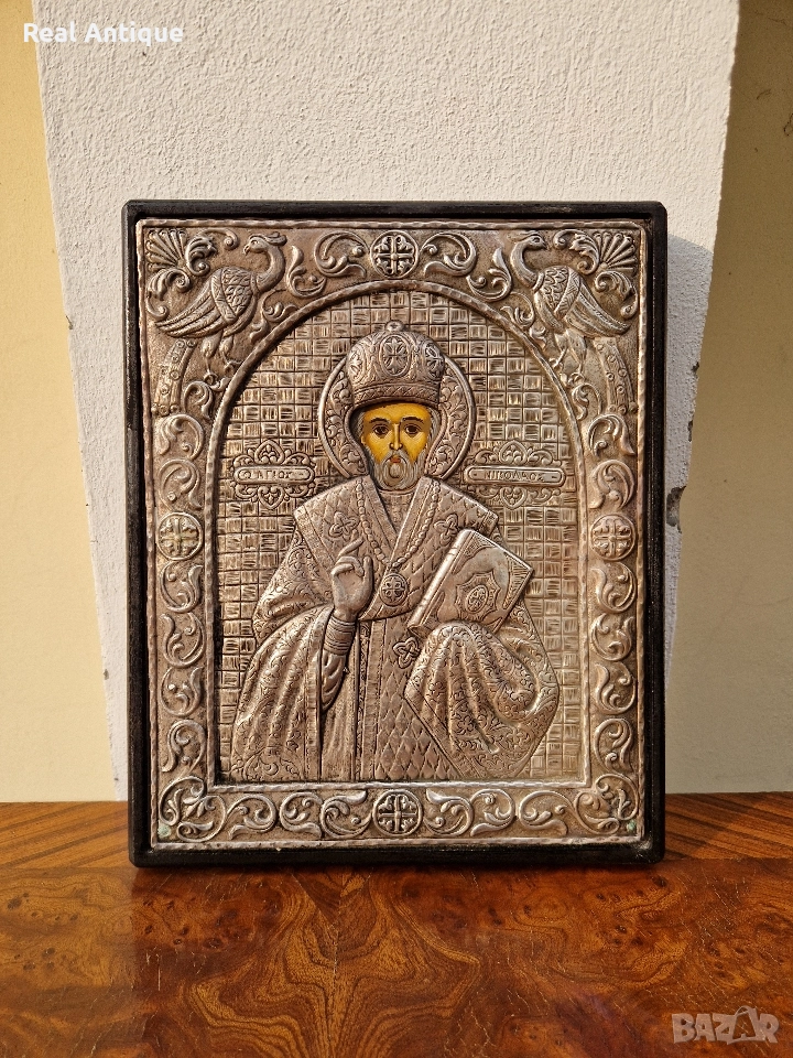 Прекрасна антикварна сребърна икона Свети Никола сертификат , снимка 1