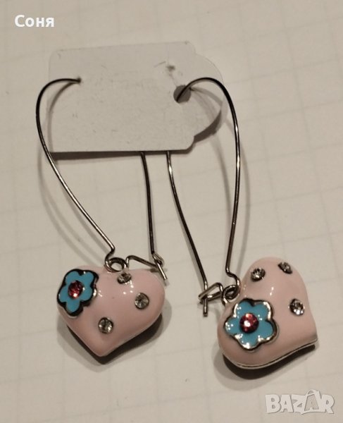 Обици, обеци розови сърца  с камъни, снимка 1