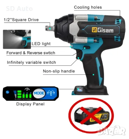 Безчетков Акумулаторен Гайковерт GISAM 1800 Nm, снимка 4 - Други инструменти - 48480101