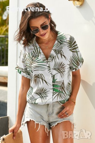 Дамска риза с къс ръкав и тропически принт, снимка 15 - Ризи - 40518129