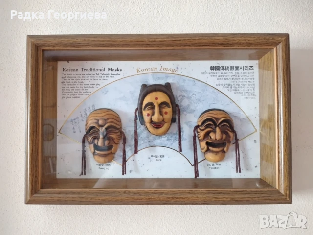 3 традиционни корейски маски в дървена кутия, снимка 3 - Антикварни и старинни предмети - 50939177