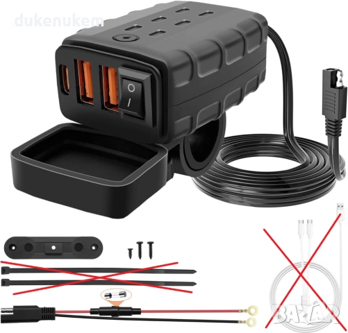 Водоустойчив USB заряден модул за мотоциклет, 2xUSB+Type-C, 2.4A