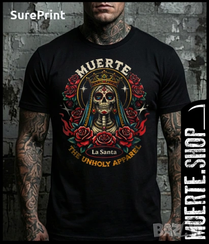 Черна тениска MUERTE CROWN OF ROSES с готически дизайн и корона от рози.