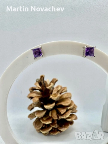Сребърни обеци с естествен аметист, снимка 3 - Обеци - 53438246